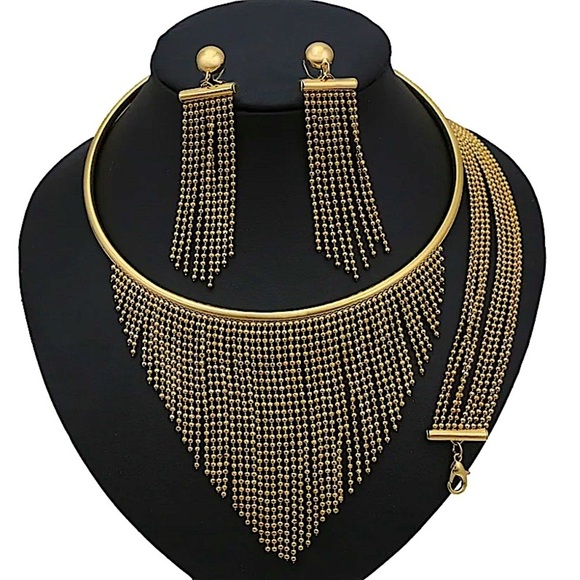 Gold Fringe Tassel Necklace Bracelet Earrings Matching Boho Set - Picture 9 of 13